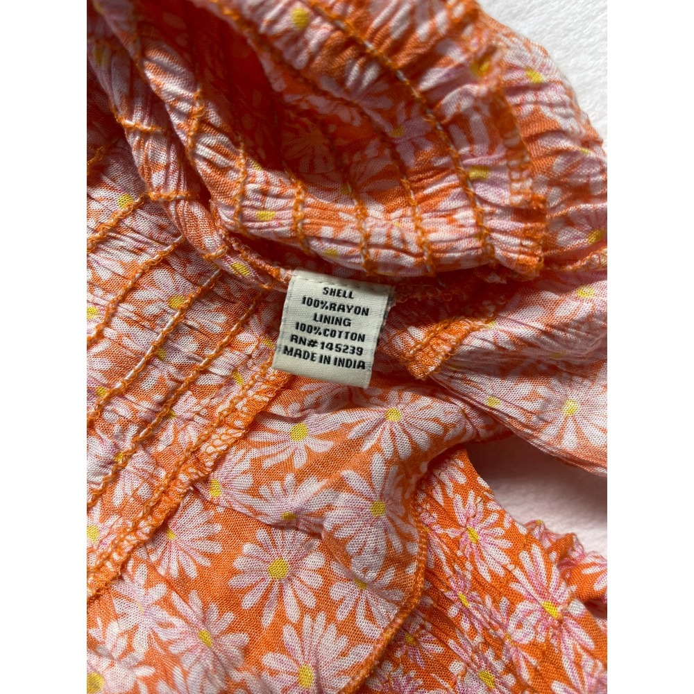 Sim & Sam Womens Small Dress Orange Daisy Floral Smocked Puff Sleeve Mini - Picture 10 of 11